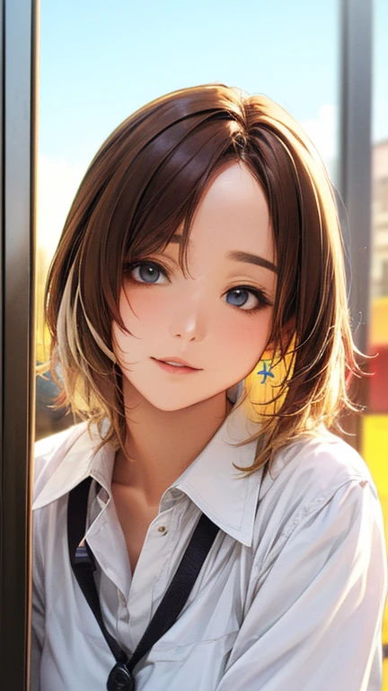(Top quality masterpiece:1.2) Delicate illustrations, Very detailed, /Beautiful Japanese Woman、1 person,Very cute and slim、Excellent style 、((8K images、super high quality))、Very delicate face, Beautiful forehead、Beautiful thighs、Deep red lipstick,(((((Middle Hair、Light brown hair、Blonde hair))))),very cute、Kind eyes,(White shirt、Slightly see-through red underwear、skirt)、starry skies、Tokyo night view、Cafe、Date