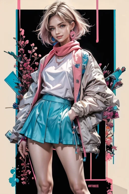 highest quality, Very detailed, masterpiece, 1 person,woman,(((完璧なwomanの体))),Very beautiful face, Very beautiful body,Gentle expression, Very beautiful eyes,(Perfect Makeup:1.1),Fashion Model,Cyberpunk Fashion,short hair,Shaggy Hair,Fluorescent pink and blue hair:1.3, Very thin body,Smart Abs, 青と紫のビニール素材のClothes装, Fluorescent pink and blue mini skirt,necklace,anklet,Two-tone high-top sneakers,A kind smile,Full body portrait,(Street background:1.3), (Shiny skin),(Earrings),Monogram pattern,Gradient Graphics,neon,Clothes,scarf,