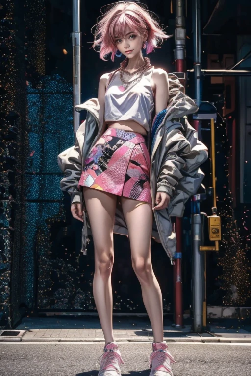 highest quality, Very detailed, masterpiece, 1 person,woman,(((完璧なwomanの体))),Very beautiful face, Very beautiful body,Gentle expression, Very beautiful eyes,(Perfect Makeup:1.1),Fashion Model,Cyberpunk Fashion,short hair,Shaggy Hair,Fluorescent pink and blue hair:1.3, Very thin body,Smart Abs, 青と紫のビニール素材のClothes装, Fluorescent pink and blue mini skirt,necklace,anklet,Two-tone high-top sneakers,A kind smile,Full body portrait,(Street background:1.3), (Shiny skin),(Earrings),Monogram pattern,Gradient Graphics,neon,Clothes,scarf,