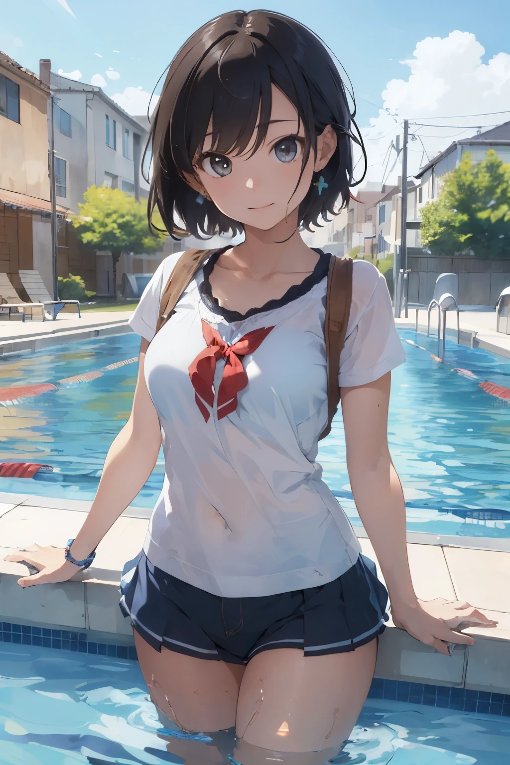 ((highest quality)), ((masterpiece)), (detailed), Perfect Face, woman, cute, student, summer, swim, wear, pool, short hair,