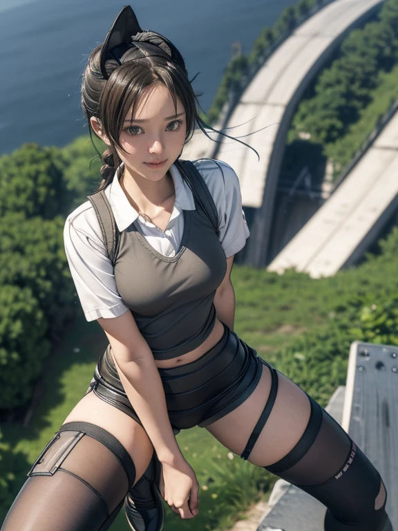 {(masterpiece,best quality, 8K UHD, extremely detailed CG, detailed beautiful face and eyes and skin and hair), (best quality face) }, {(3d ultra realistic photo graphic style:1.4)}, {(1girl free_fall from 10000m above the ground:1.2), (out of focus background:1.4)}, {1girl, 18yo, (beasts_ears),medium hair, Ponytail hair with braids, forehead}, {(strike witches:1.4),(military shoes:1.2), (thigh-high socks),navel}, {(cheerful:1.3), (candid shot)}, {(bring knees forward:1.1), (inner thighs showing pose:1.2)}, (Boys Mk.I anti-armor rifle)