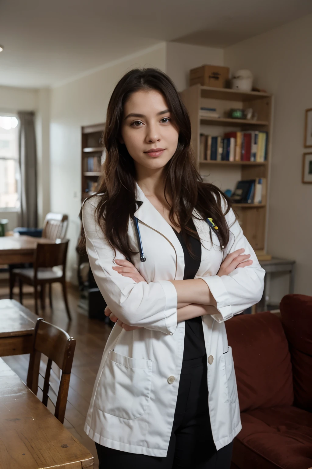 a female herbal doctor wearing her full doctors uniform with strong physique standing with a bookshelf in the background. the bookshelf should be blurry to highlight the doctor more