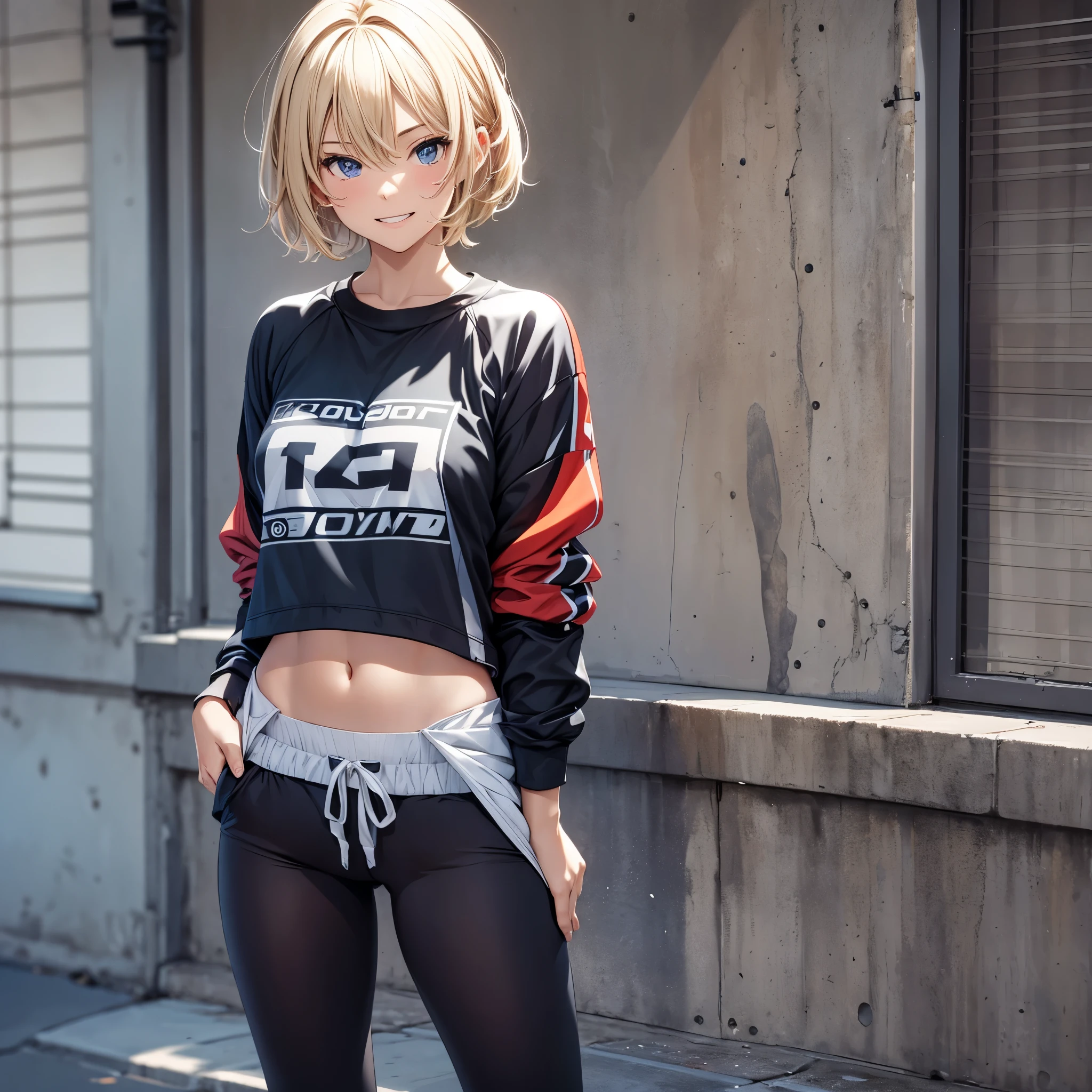 One 16 years old girl,full body,grin,Blonde Short bob hair,sports casual,oversized tops,Five quarter spandex,