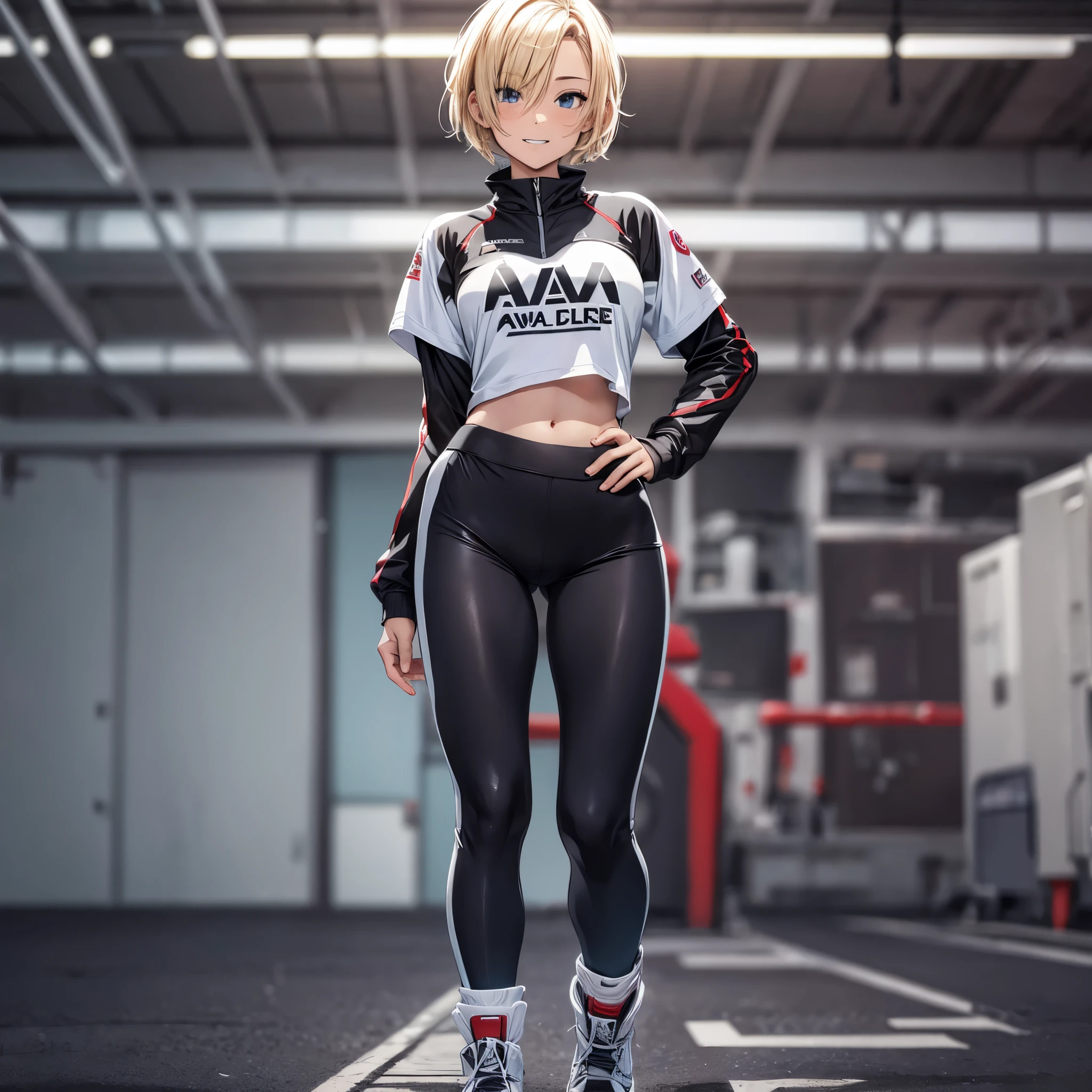 One girl,full body,grin,Blonde Short bob hair,sports casual,oversized tops,Five quarter spandex,