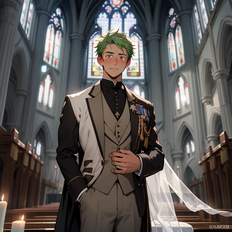 (masterpiece, best quality ), 1man, short green hair, brown eyes, intricate, (church) , half body, white royal wedding suit, vivid colors,(depth of field:1.2), blush, looking at viewer, standing on the altar, visible pectorals, facing front