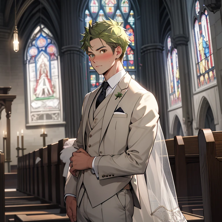 (masterpiece, best quality ), 1man, short green  hair, brown eyes, intricate, (church) , half body, white royal wedding suit, vivid colors,(depth of field:1.2), blush, looking at viewer, standing on the altar, visible pectorals, facing front