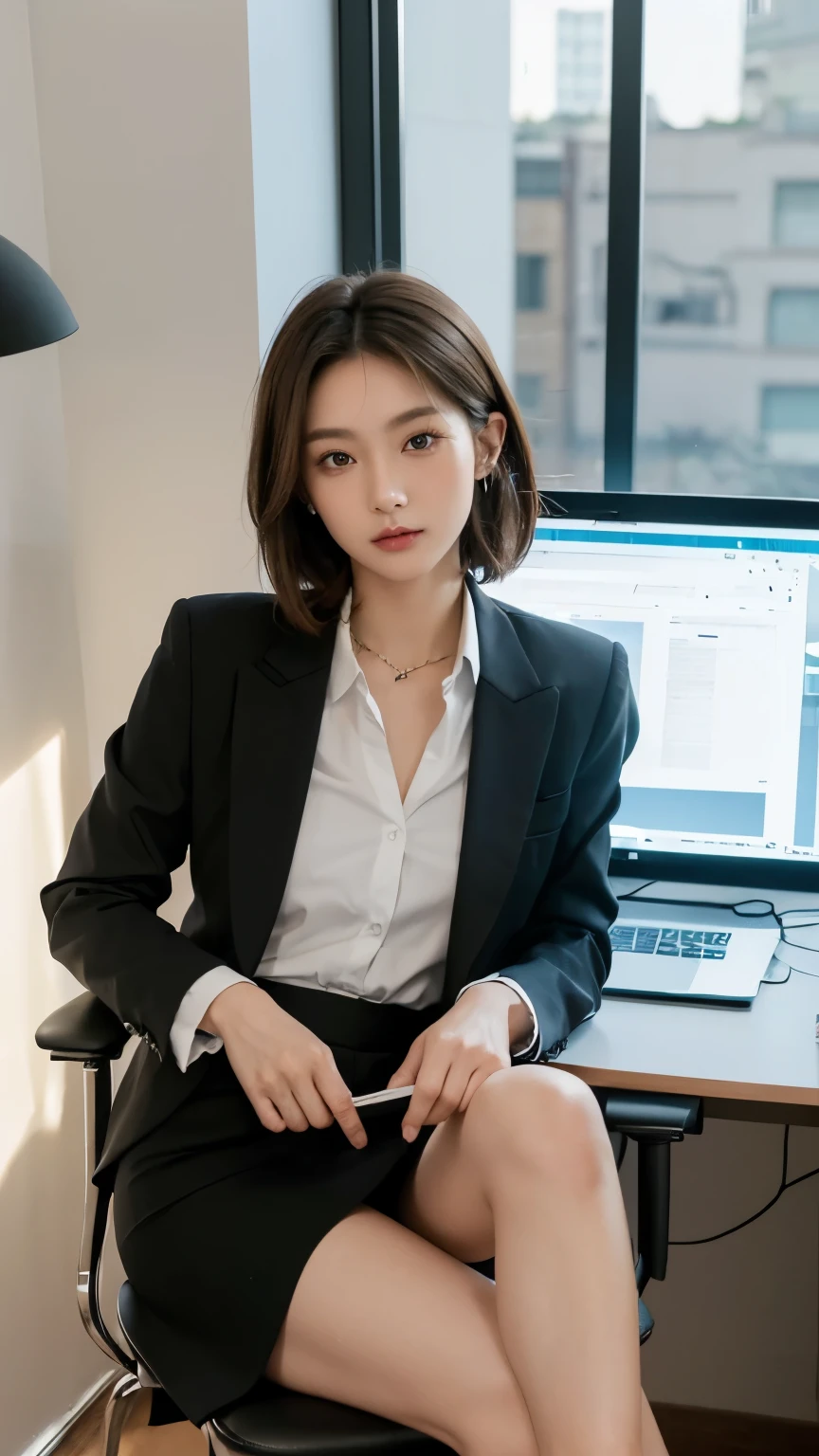 [Masterpiece,Ultra high definition,8K quality],((日本people,１people,woman,美people,A goddess-like beauty,Staring at me,Cool Beauty)),(Medium Hair,Bob Hair,Light brown hair color),(Wearing a black business suit,He is wearing a white button-up shirt under a black jacket.,Skirt Suit,mini skirt),(Narrow face,Slender body,seven-headed body,Small Butt,Beautiful Skin,Beautiful Eyes),office,Have a ballpoint pen,He is sitting in a chair and working at a computer,Desk by the window,evening 