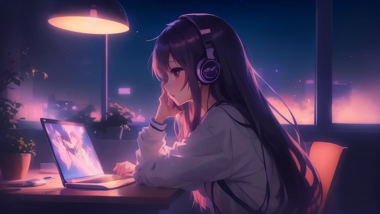 Anime girl with headphones sitting at table on laptop, profile、Long Hair-、Anime Style 4 k, Nightcore, LOFI Girl, Anime atmosphere, Lofi Artstyle, Portrait of Rofi, Anime Style. 8k, 4k anime wallpaper, anime wallpaper 4k, anime wallpaper 4k, Lofi Art, anime art wallpaper 4k, anime art wallpaper 4k, Anime Aesthetics