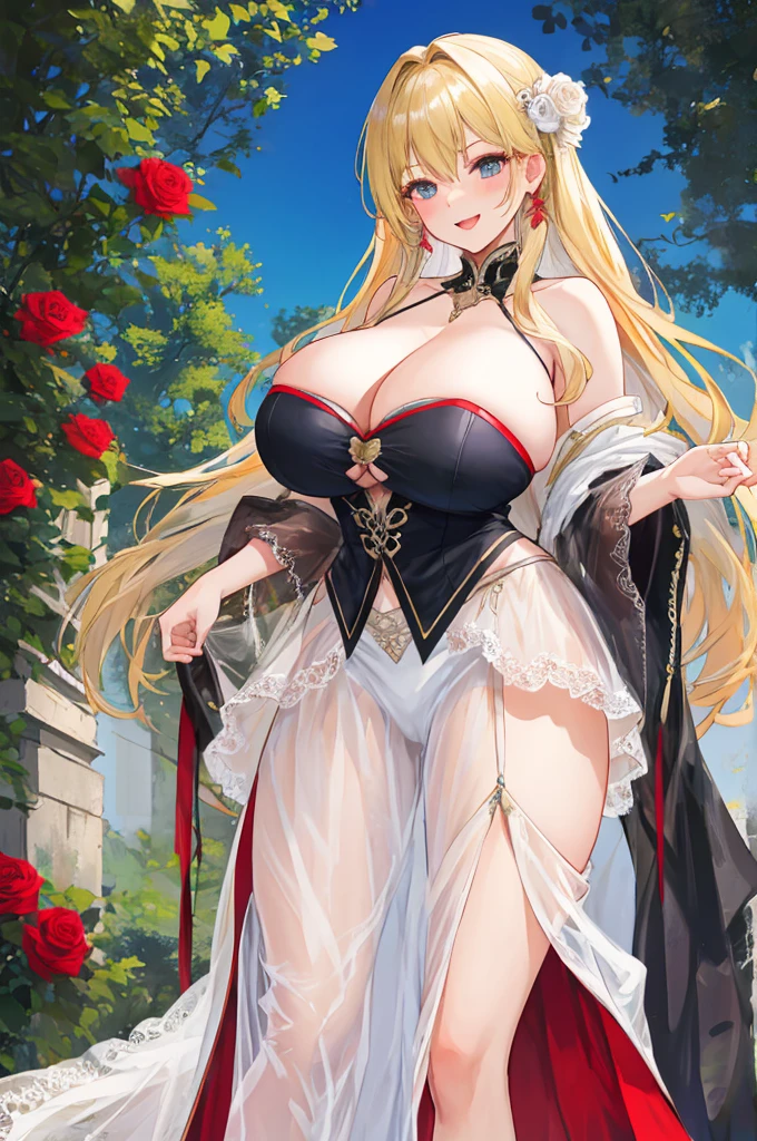A woman with big ,Gorgeous woman,((Exposed)),Expose,Chest sheer,Lace skirt,Long blond hair,Exquisite,rose Garden,Laughter,