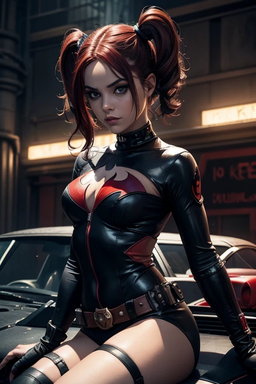 Harley Quinn injustice version 2, mujer sexy, cuerpo perfecto,iconic dc comics costume, small and very sexy clothes, cuerpo muy delgado, skynny, small and beautiful buttocks, abdomen tonificado, piedo ver sus senos grandes y perfectos, small nipples, escote, guantes, She is sitting on the Batmobile that is on fire., Dramatic background, Arkham Asylum en el fondo en llamas, apocalyptic atmosphere, Batman  esta muerto, mirada penetrante, ojos azules y hermosos, tiene tatuajes, classic two pigtails hairstyle