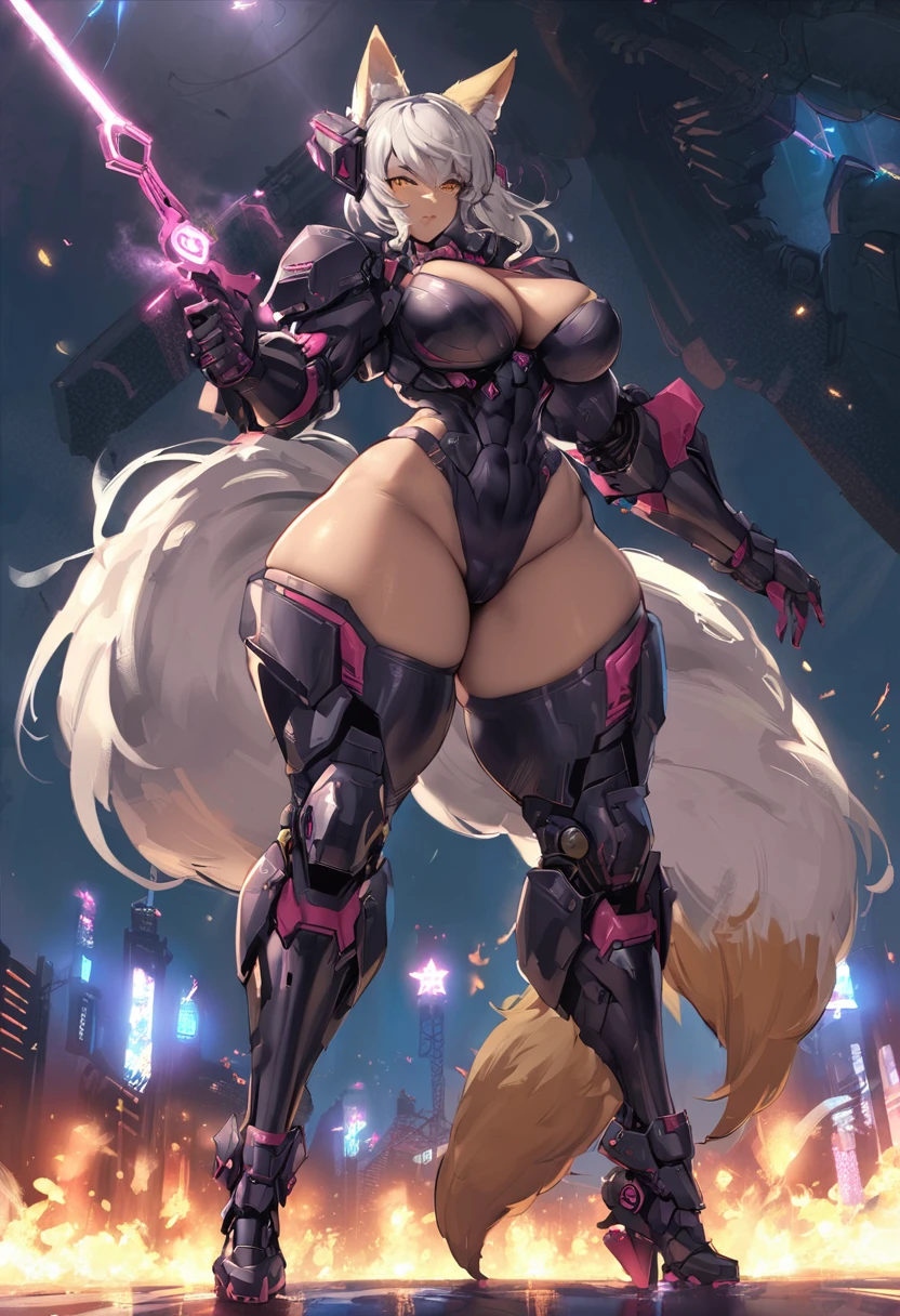 (masterpiece), (best quality:1.4), (perfect anatomy:1.4), high quality, expressive eyes, full body, tall girl, detailed face, beautiful face, perfect face, breasts, cleavage, gloves, large breasts, cyberpunk, (black armor), long hair, ((tanned skin)), straight hair, detailed (ash gray hair), detailed eyes, (yellow eyes), fox ears, fox tail, curvy, bodysuit, thick thighs, toned, emblem, superhero, dynamic lighting, 4k resolution, dynamic pose, fortified suit, mechanical parts, headgear, robot joints, bodysuit, deva battle suit, gloves,