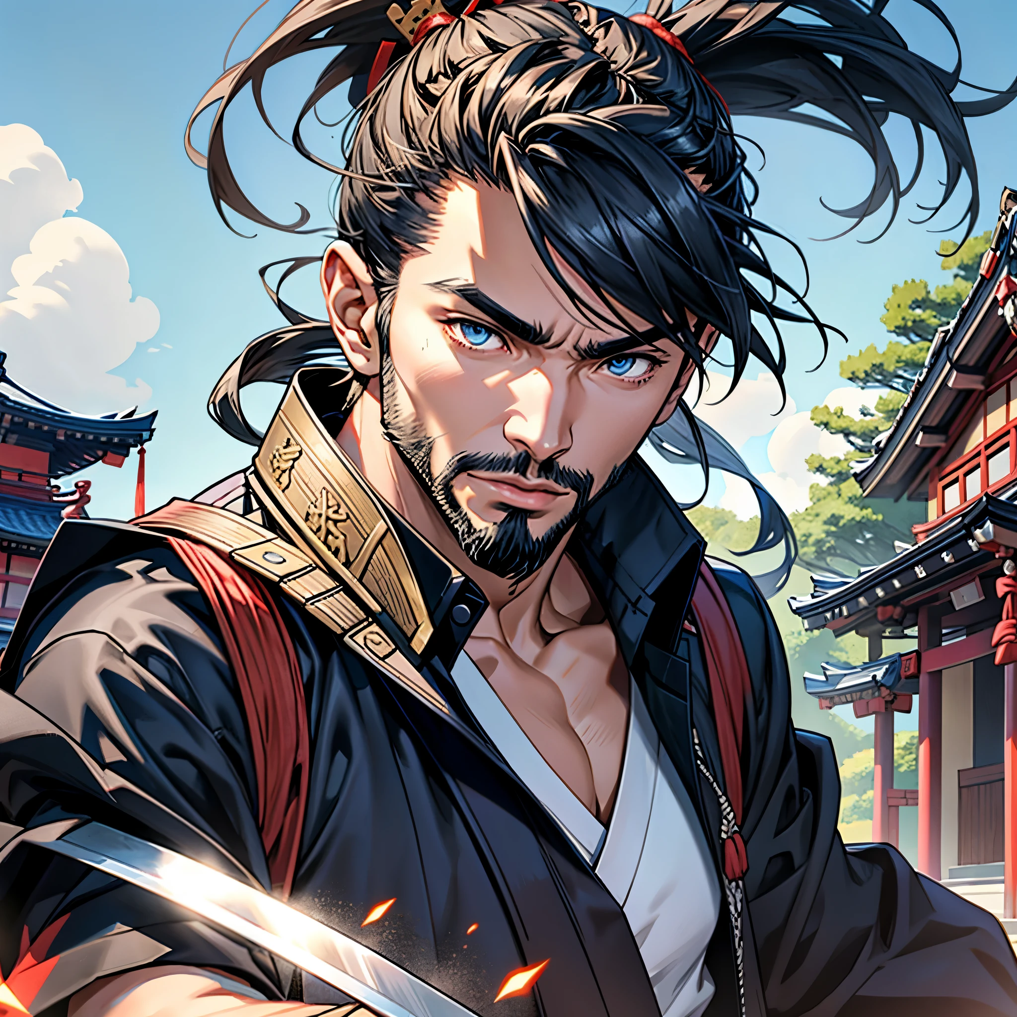 (((1 Samurai))),high quality, Main Part, Japanese Anime, Two-dimensional, beautiful eyes, extremely detailed background, 8k wallpaper, Extremely detailed face, Muscular body, Strong muscles, Bearded man, Hopeful eyes , Bright Eyes, blue eyes, Mature and stable, complicated, White short sleeve,Yui Aragaki Exclusive Art, Detailed anime character art, Pavilion Background,Not 0mib style,Art Yui Aragaki,sword,Double tail,Unexpected