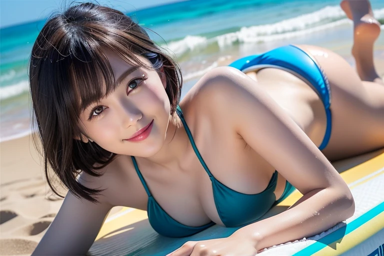 8k、highest quality、Upper Body:1.5、Very detailed、High resolution、8k、Small breasts、Thin lips、Detailed face、Cute Smile、Cute Japanese Woman、Cute 24 year old beauty、Beautiful and elegant face、Cute face、Natural Bangs、Arched eyebrows、Groomed eyebrows、(Large, balanced eyes)、Cute eyes、Beautiful Eyes、Beautiful thin nose、Beautiful face line、Beautiful Skin、Medium Bob Hair、Natural Bangs、Slim face、Slim figure、(A kind smileでカメラを見て)、Lighting the face、Bright lighting、Professional Lighting、Forward lighting、A kind smile、Cute pose、(Wearing a swimsuit that looks like underwear)、Beautiful cleavage、Wet Hair、Wet Skin、Swimsuit like underwear、Beautiful legs、Smooth skin、Beautiful cleavage、Slim and beautiful thighs、((Floating in the ocean face down on a surfboard in a bikini))、Waves in the sea、(Lighting the face)、