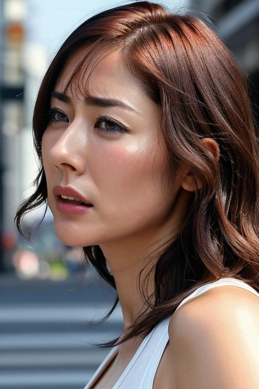 Beautiful Japanese actresses,1 girl,flying debris,,Award-winning photo, Very detailed, Keep your eyes focused, Nose and mouth,Face Focus, Extreme close up of face、 Age 35,Brown Hair、Symmetrical face,Realistic nostrils、Angle from below、Elongated C-shaped nostrils,(Sharp Nose)Sweaty skin、Shiny skin,(Brow wrinkles))（Cum on tongue)、((Thin eyebrows))Oily skin、Glowing Skin、double eyelid、、Beautiful woman、Medium Hair、Shortcuts、Tank top,I can see the sky、Shibuya Center Street、(((Show your side,throw))),Raise your eyebrows, (((Hold your mouth, Frowning, crazy, Frowning))), Textured skin,Long upper arms,((Cry with your eyes open, blush, Drunk, The face of endurance))Squat,Large Breasts,((Always lift your arms and show your sides))Long arms,scowl,smelling, annoyed, sad, sleepy, grimace, endured face