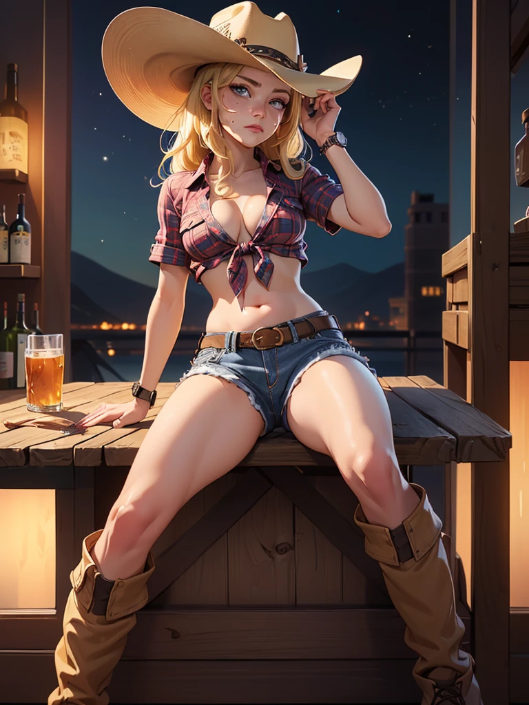 (((1 person:2.0))),(((Cowgirl Costume))),(((Low waist denim shorts))),(((Wear a western hat))),(((Wear one leather belt))),(((He is wearing short sleeves, Plaid, front tie shirt.))),(((wearing a watch))),(((short boots))),(((Showing cleavage))),(((Showing your belly button))),(((Exposed thin inner thighs))),(((Small breasts:1.5))),(((Bare arms))),(((Her hair is blonde))),, Beautiful detailed girl, Very detailed目と顔, 緻密でBeautiful Eyes, Very detailed, High resolution, highest quality, masterpiece, Very detailed, 8k wallpaper, wonderful, finely, highest quality, The light shines on your face,(Night Bar),Beautiful Eyes,(((Drunk:1.2))),(((Drunk face:1.0))),(((Open your mouth:0.5))),Cowboy Shot