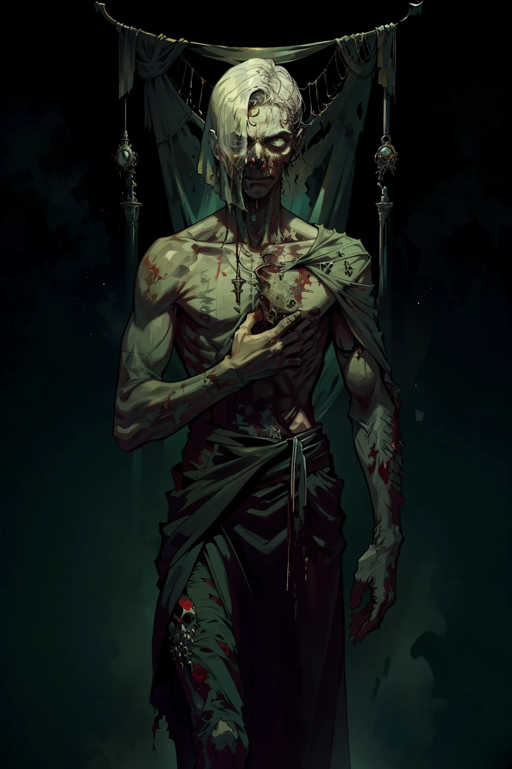 Zombie, living Dead , living Dead boy , short hair , torn long dress , living Dead boy , Whole body , living Dead , Длинный рваный shroud , shroud , at night , living Dead features , sexual , stands directly in front of the viewer, with hands down