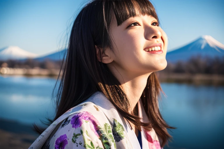 masterpiece, extremely detail, (insanely detailed), detail quality, best quality, (very detailed), (best shadow) highly detailed light reflection, harmonious, extremely detail background, ultra-detailed, high resolution, production official art, caustics +, very detailed, illustration, novel illustration, lustrous skin, best shadow, adorable anime round face, vivid contrasting portrait, with healthy pretty style makeup, (Mt fuji and lakeside on background), calm, highly detailed light reflection, (pink petals), snow, (morning), beautiful girl alone, 23yo, cute little, cute face, pale atmosphere, (detailed face), (dark-hair), (straight hair), (long hair), blunt bangs, smile, close mouth, detailed eyes, (red eyes), slant eyes, clear eyes, (standing), medium breasts, (slender), outside, (plum hair ornament), cowboy shot, (wide shot), looking up, from side, from above, (arms on head), (light violet) kimono, (floral printed), green obi, maxi length, zori sandals,