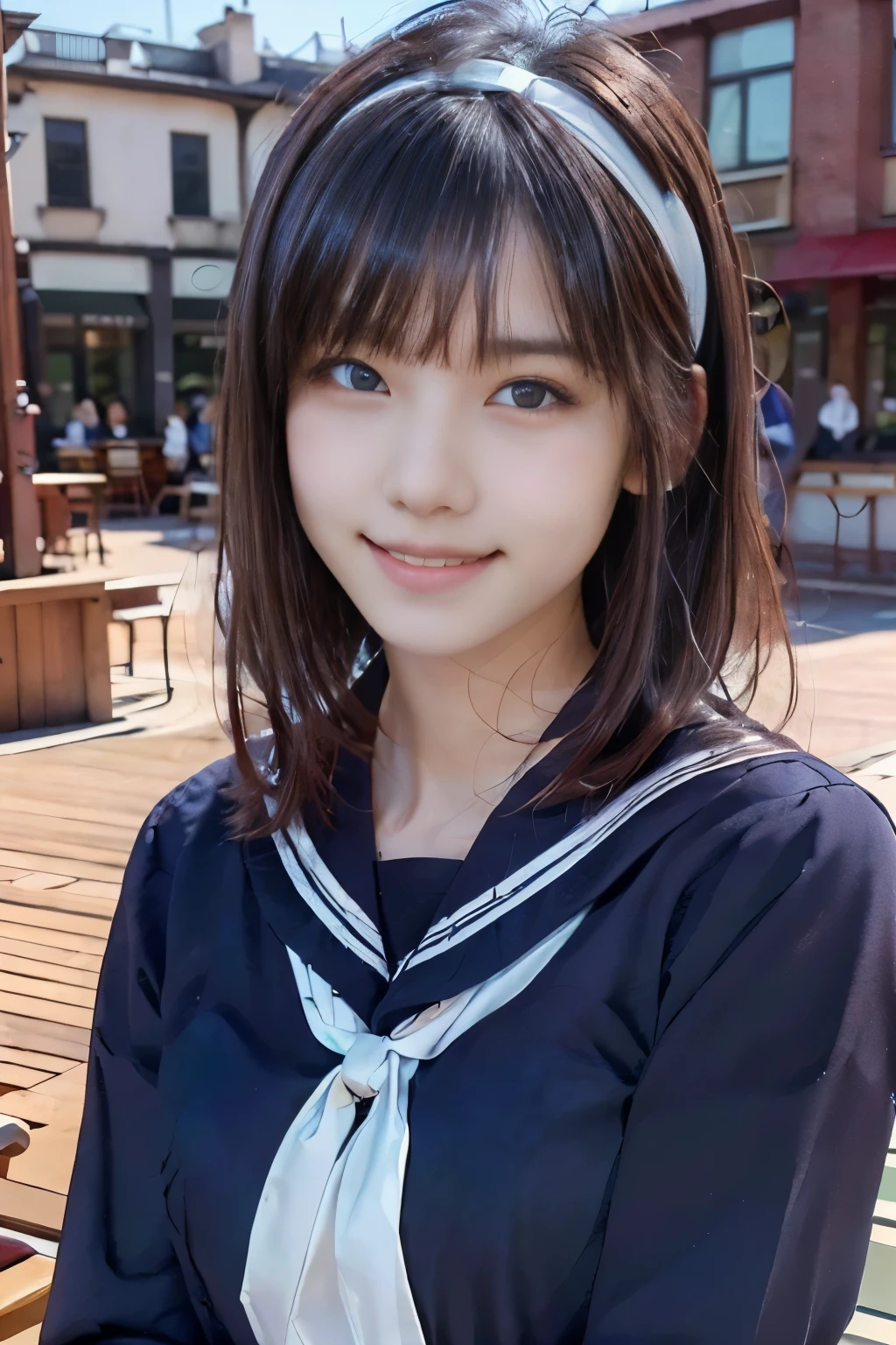 sailor uniform, One Woman, (Beautiful woman, delicate :1.3), Black Hair, Bobcut, bangs, (8k), (highest quality: 1.2), (Realistic), (Realistic: 1.37), (masterpiece), (Ultra-high resolution), (RAW Photos), (Absolute Resolution), (((face is small compared to body: 1.4))), (((Small face:１.4))), A balanced face, (Small Mouth: 1.4), ((Slim female body: 1.4)), Black Hair, (((long sleeve セーラー服))), Realistic女子高生, (((White headband))), Small breasts, Slanted Eyes, Bright Blue Eyes, (Cafe on the open terrace), toothless smile, Blurred, Bust Shot, White on the collar of the sailor suit３Book lines, 