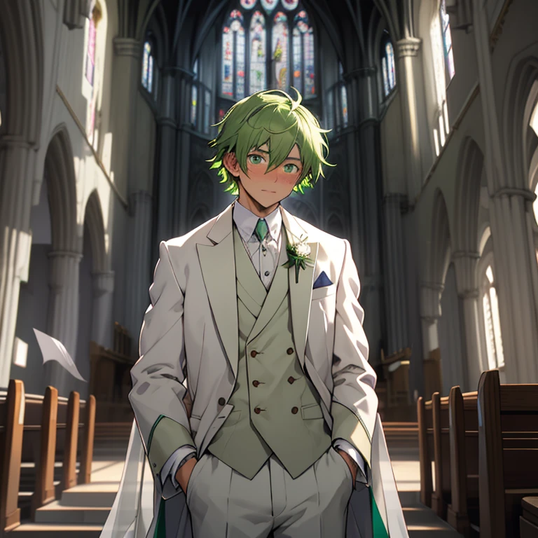 (masterpiece, best quality ), 1man, short green hair, green eyes, intricate, (church) , half body, white aroyal wedding suit, vivid colors,(depth of field:1.2), blush, looking at viewer, standing in the altar, facing the front, visible pectorals
