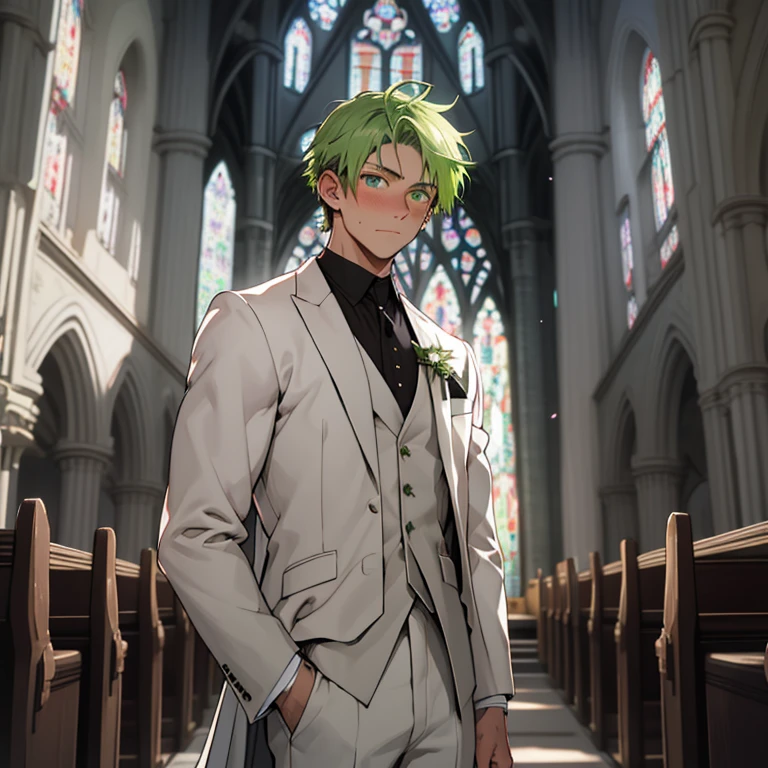 (masterpiece, best quality ), 1man, short green  hair, green eyes, intricate, (church) , half body, white aroyal wedding suit, vivid colors,(depth of field:1.2), blush, looking at viewer, standing in the altar, facing the front, visible pectorals