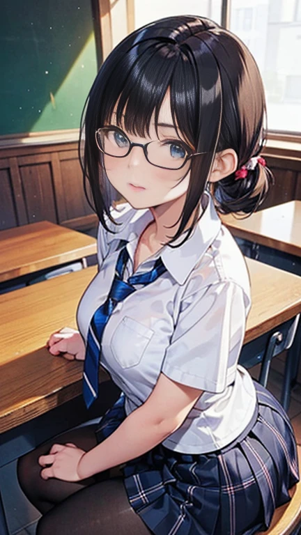 ((highest quality)), ((masterpiece)), (Very detailed), (Very high resolution), 4k, Anime 2D Rendering, Realistic,
One Girl:1.5,
BREAK Symmetrical Face:1.4, Perfect Face, Beautiful clavicle, Beautiful fingers, Beautiful breasts, (Slightly smaller chest),
Beautiful body, Beautiful thighs, Beautiful feet, Perfect round butt, (Detailed skin), Tanned dark skin:1.5, Shiny skin:1.4,
BREAK Baby Face, cute, 18-year-old,
Double eyelids, Natural eyebrows,
(Slanted Eyes), Beautiful and delicate eyes, Sparkling eyes, (Dark blue eyes),
plump mouth, Glossy mouth,
BREAK Beautiful Hair, Shiny Hair, Hair fluttering, bangs, (Black Hair), Side ponytail hair:1.5,
BREAK
((Collared short-sleeved shirt, White shirt, Blue blazer, Blue plaid pleated skirt, Red tie))、(Black Pantyhose、loafers)、透け感のあるBlack Pantyhose:1.4、loafers)、
Black-rimmed glasses, Earrings、
BREAK
(Glaring expression), Look up here, (Character Focus, breast focus), whole body, (sunlight), classroom