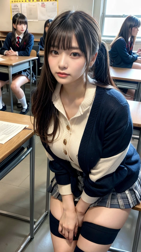 muste piece, best quality, illustration, Super detailed, fine details, High resolution, 8K,wall paper, perfect dynamic composition,(Details High quality, realistic depiction of eyes:1.3), from side, High School Classroom、High school girl uniform、Cardigan、Super Short Check Uniform Skirt、Navy blue high socks、garterbelts、Colossal tits、Disturbed uniform, low ponytail, black hair color, (living room, Studying at a desk, sitting, crossed arms, huge breasts), Big Natural Color Lip, bold sexy pose, (perfect body shape), crying a little、cold gaze, Harajuku style、20 year old girl、cute type, beautiful legs, hposing Gravure Idol, Voluptuous thighs