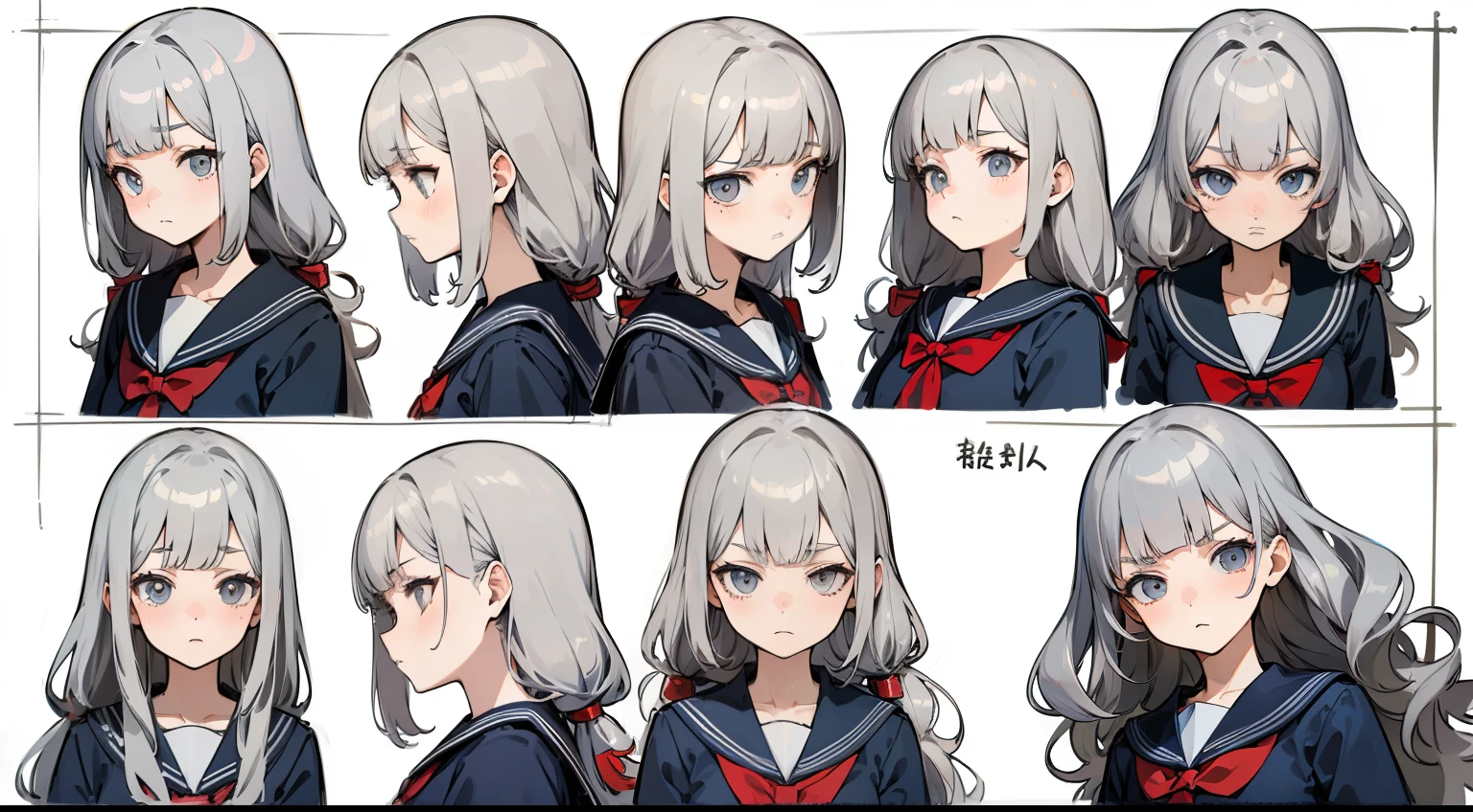 ((masterpiece, highest quality)), Detailed face, Character Sheet, whole body, Full of details, Various poses and expressions, Very detailed, depth, Many parts, One girl, seifuku, Sailor suit, Long sleeve, Grey Hair, Wavy Hair, Long Hair, Blunt bangs, Otaku, Flat Chest, Angry expression