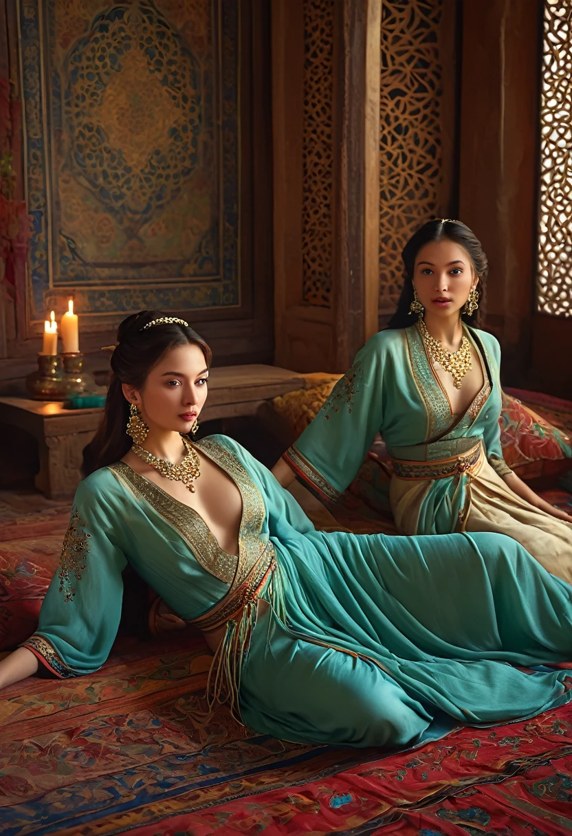 best quality,4k,8k,highres,masterpiece:1.2,portraits (A few beautiful women),relaxing in a harem,historical scene,detailed facial features,expressive eyes and lips,lush surroundings,soft lighting,vibrant colors,exquisite details of jewelry and clothing,luxurious fabrics and textures,calm and peaceful atmosphere,romantic ambiance,oriental design elements,subtle aroma of incense,faint sound of music,traditional decorations and patterns,delicate hand gestures,serene expressions,fine brush strokes,painterly style,rich color palette,harmonious composition,fleeting moments of joy and serenity,ethereal beauty,vivid depictions of emotions,poetic and dreamy atmosphere,meticulously rendered backgrounds,subtle gradations of light and shadow,pure sensuality and allure,escape from reality with elegance,romantic storytelling through visuals