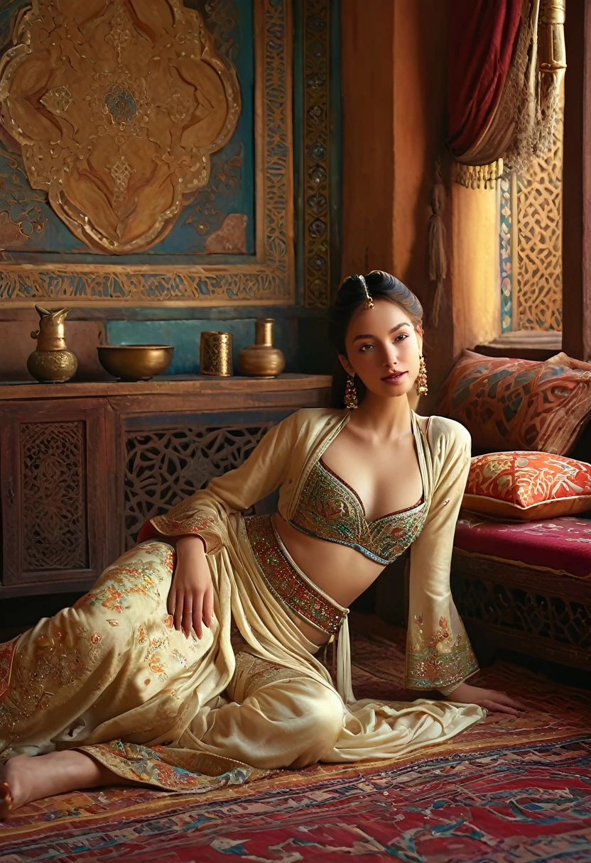 best quality,4k,8k,highres,masterpiece:1.2,portraits (A few beautiful women),relaxing in a harem,historical scene,detailed facial features,expressive eyes and lips,lush surroundings,soft lighting,vibrant colors,exquisite details of jewelry and clothing,luxurious fabrics and textures,calm and peaceful atmosphere,romantic ambiance,oriental design elements,subtle aroma of incense,faint sound of music,traditional decorations and patterns,delicate hand gestures,serene expressions,fine brush strokes,painterly style,rich color palette,harmonious composition,fleeting moments of joy and serenity,ethereal beauty,vivid depictions of emotions,poetic and dreamy atmosphere,meticulously rendered backgrounds,subtle gradations of light and shadow,pure sensuality and allure,escape from reality with elegance,romantic storytelling through visuals