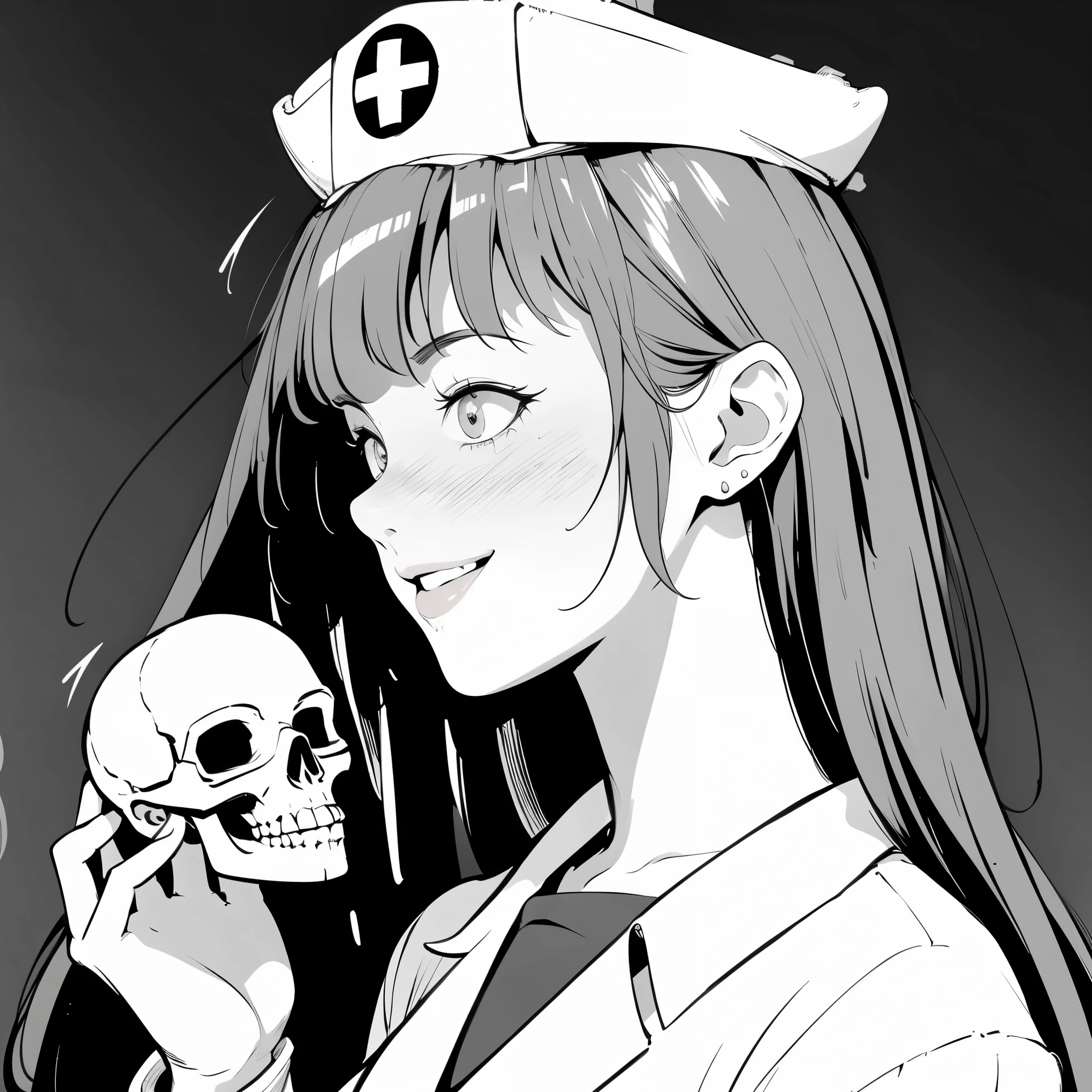 (masterpiece, best quality:1.2), 1girl，smiling girl, solo，anatomically correct：2，Axisymmetric composition,side view, BFC, HOLDING A SKULL,nurse cap