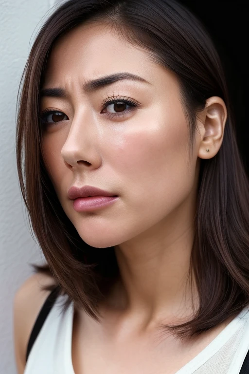 Beautiful Japanese actresses,1 girl,flying debris,,Award-winning photo, Very detailed, Keep your eyes focused, Nose and mouth,Face Focus, Extreme close up of face、 Age 35,Brown Hair、Symmetrical face,Realistic nostrils、Angle from below、Elongated C-shaped nostrils,(Sharp Nose)Sweaty skin、Shiny skin,(Brow wrinkles))(Cum on tongue)、((Thin eyebrows))Oily skin、Glowing Skin、double eyelid、、Beautiful woman、Medium Hair、Shortcuts、Tank top,I can see the sky、Shibuya Center Street、(((Show your side,throw))),Raise your eyebrows, (((Hold your mouth, Frowning, crazy, Frowning))), Textured skin,Long upper arms,((Cry with your eyes open, blush, Drunk, The face of endurance))Squat,Large Breasts,((Always lift your arms and show your sides))Long arms,scowl,smelling, annoyed, sad, sleepy, grimace, endured face