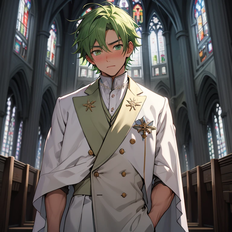 (masterpiece, best quality ), 1man, short green hair, green eyes, intricate, (church) , half body, white aroyal wedding suit, vivid colors,(depth of field:1.2), blush, looking at viewer, standing in the altar, facing the front, visible pectorals, close up 5d