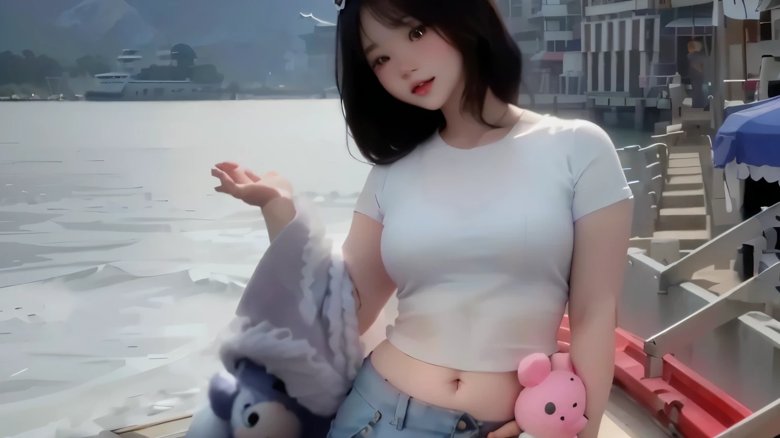 there is a woman that is standing on a boat with a stuffed animal, her belly button is exposed, chinese girl, tinyest midriff ever, belly button showing, wearing a sexy cropped top, xintong chen, thicc, jackie tsai style, y 2 k cutecore clowncore, cutecore, exposed midriff