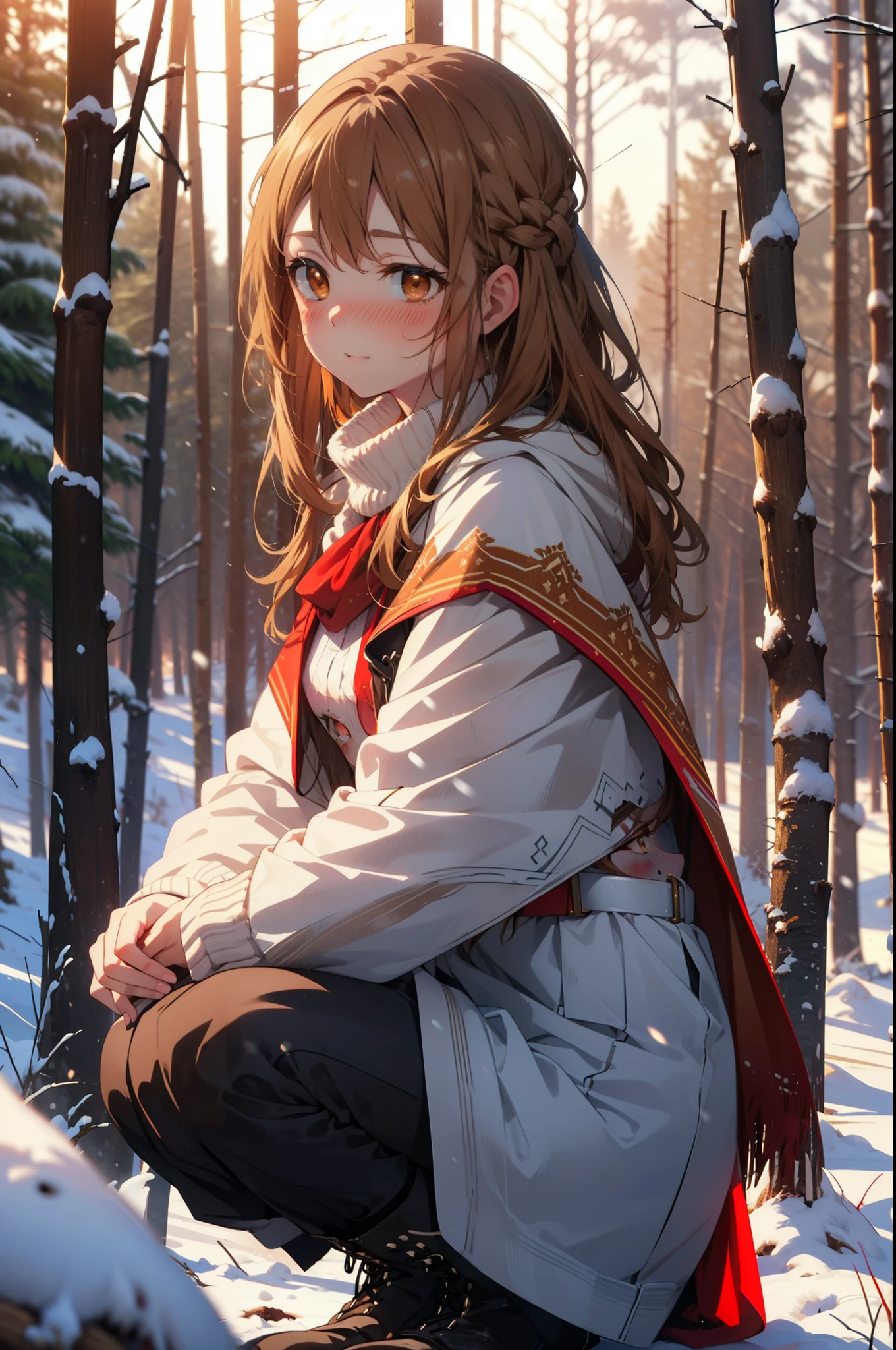I am the sun ayuuki, a sun a yuuki, Long Hair, Brown Hair, (Brown eyes:1.8)Medium chest,smile,blush,White Breath,
Open your mouth,snow,Ground bonfire, Outdoor, boots, snowing, From the side, wood, suitcase, Cape, Blurred, Increase your meals, forest, White handbag, nature, Squat, Mouth closed, フードed Cape, winter, Written boundary depth, Black shoes, red Cape break looking at viewer, Upper Body, whole body, break Outdoor, forest, nature, break (masterpiece:1.2), highest quality, High resolution, unity 8k wallpaper, (shape:0.8), (Beautiful and beautiful eyes:1.6), Highly detailed face, Perfect lighting, Highly detailed CG, (Perfect hands, Perfect Anatomy),