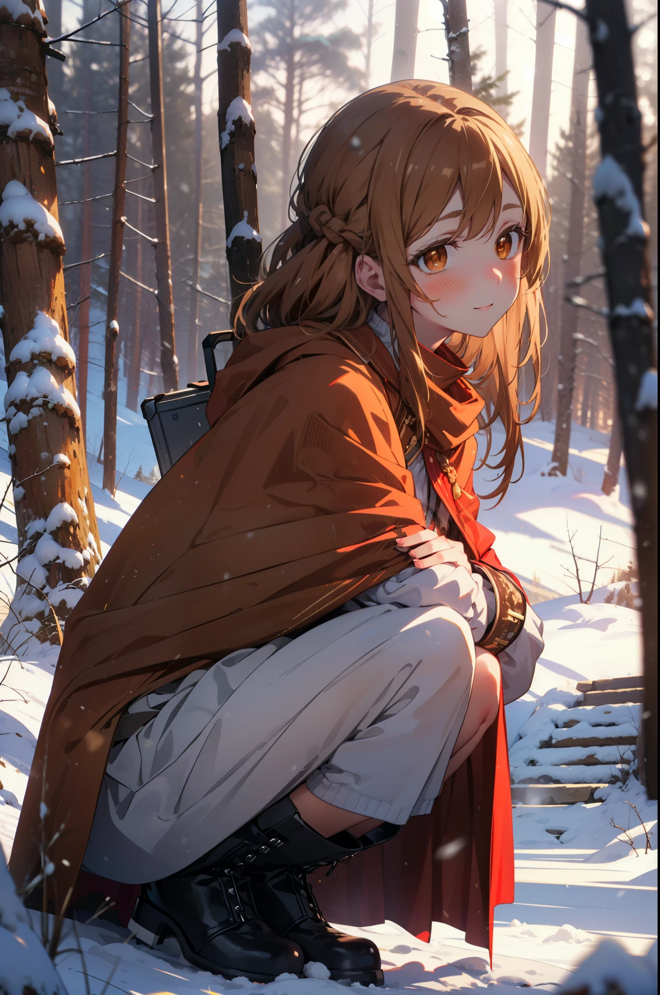 I am the sun ayuuki, a sun a yuuki, Long Hair, Brown Hair, (Brown eyes:1.8)Medium chest,smile,blush,White Breath,
Open your mouth,snow,Ground bonfire, Outdoor, boots, snowing, From the side, wood, suitcase, Cape, Blurred, Increase your meals, forest, White handbag, nature, Squat, Mouth closed, フードed Cape, winter, Written boundary depth, Black shoes, red Cape break looking at viewer, Upper Body, whole body, break Outdoor, forest, nature, break (masterpiece:1.2), highest quality, High resolution, unity 8k wallpaper, (shape:0.8), (Beautiful and beautiful eyes:1.6), Highly detailed face, Perfect lighting, Highly detailed CG, (Perfect hands, Perfect Anatomy),