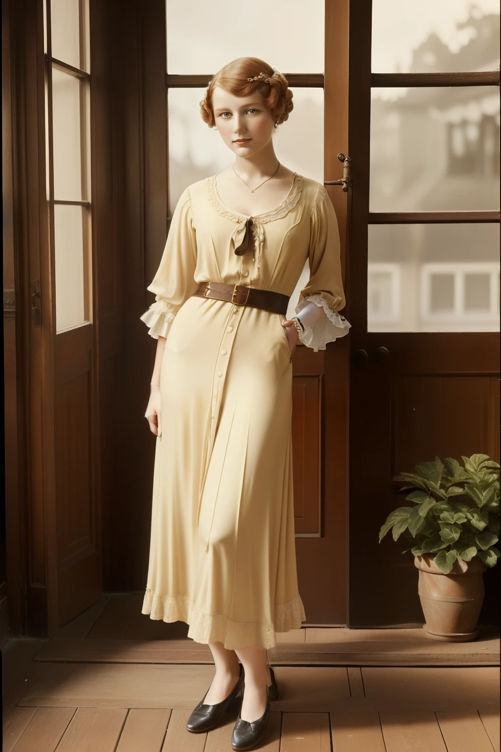 Tharsis, 1921. A young ((((25-year-old)) Kristina Lomholt)), dutch woman, elegant, in the victorian front porch, ((((clothings from the 1920s)))), ((ginger hairstyle of the 1920s)), colorful
