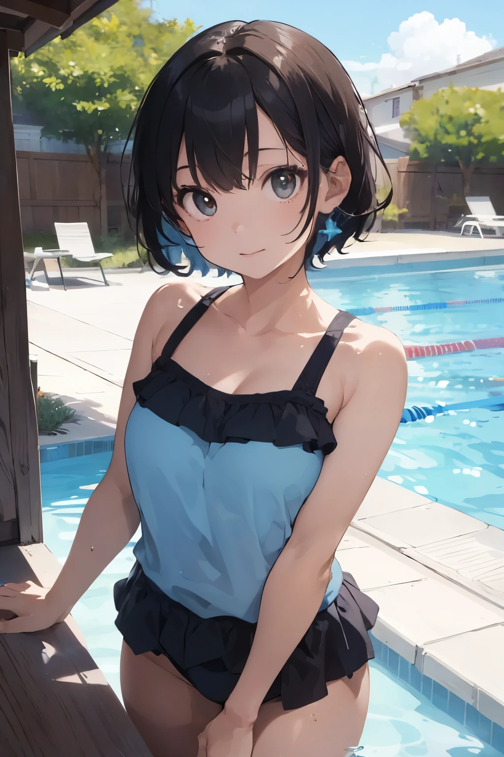 ((highest quality)), ((masterpiece)), (detailed), Perfect Face, woman, cute, summer, swim, wear, pool, short hair,