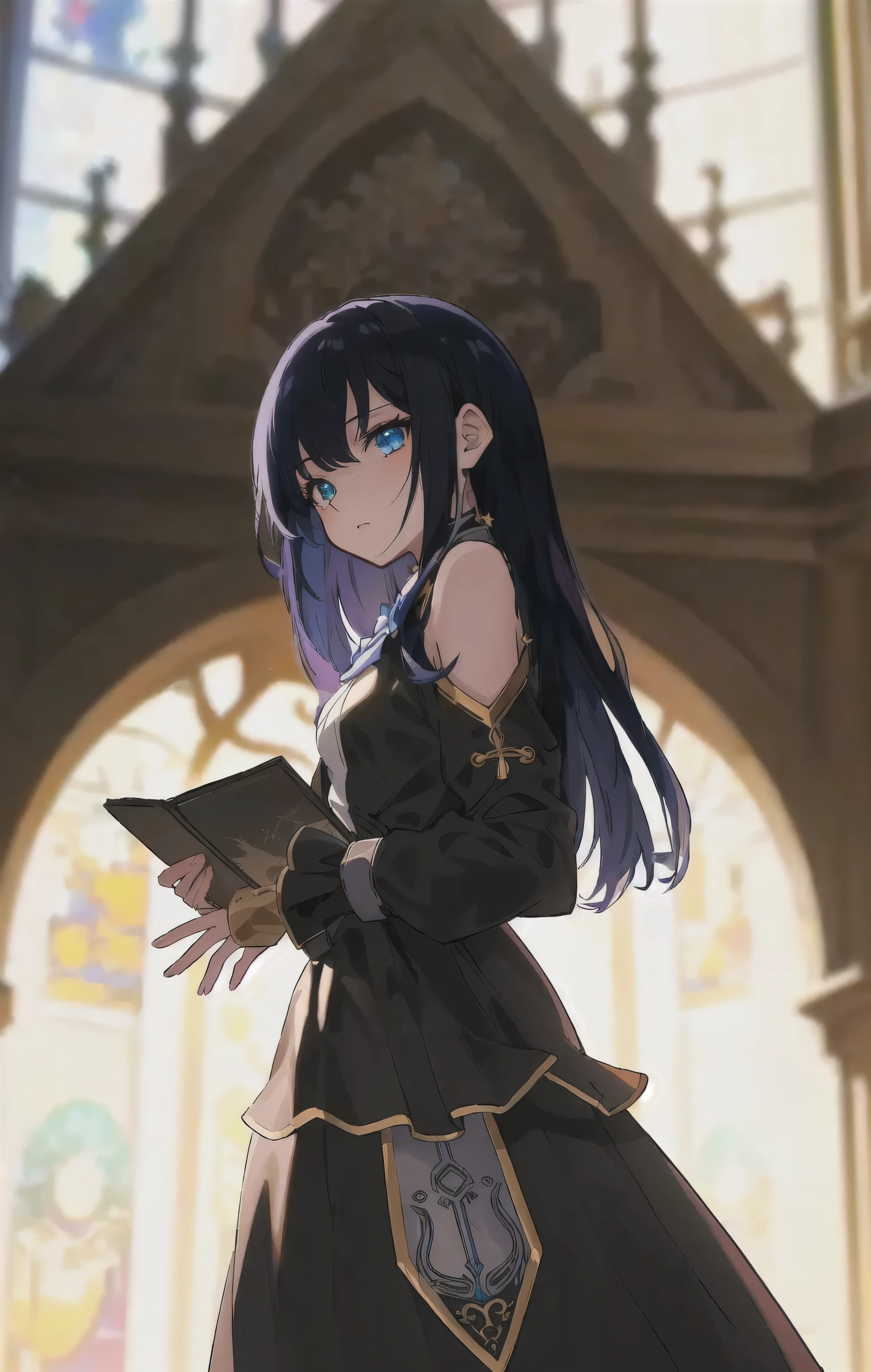 Anime girl in a black dress holding a book in front of a colored window, Anime cute art style, Hestia, Brunette magician, Ayaka Genshin Impact, Portrait of zodiac girl knight, Anime style like fate/overnight, Shatir from Overlord, Black, Albedo from the anime Overlord, Beichuan Malin fanart pictures inspired by Yuumei, PIXIV, Precisionism, official artwork, Anime Land of Glory, trending on artstation PIXIV, Official Poster Artwork, digital art on PIXIV, Fantasy psychedelic anime, In the Star Realm ) ) ), Promotional artwork, official art, Official illustrations