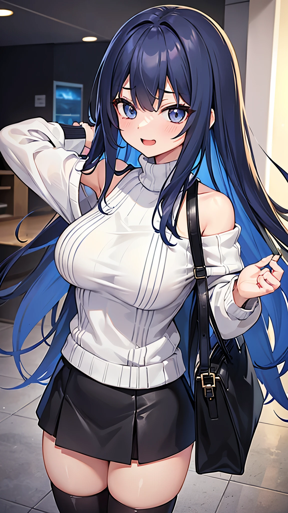 Highest品質、Highest1people々 girl,high quality,A detaileded face、A detaileded eye、detailedな鼻、Mouth details、 Beautiful expression, ((Masseter muscle area)), ((High resolution)), ((Highest品質)), detailed, (Excited face.very happy,),(Off-the-shoulder knit sweater、Tight mini skirt、Black Stockings、Knee-high boots、1 bag)、 girlと,Blue Hair, (Straight long hair)、Standing posture、White skin:1.3、、Big Breasts, Cinema Lighting, It's perfectly shaded,(((On the street))), Realistic lighting with shades,Show the whole body
