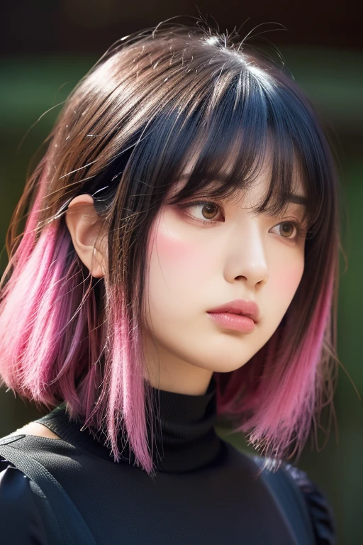 black hair, colored inner hair, pink hair, ahoge, asymmetrical hair, blunt bangs, curly hair, furrowed brow, half-closed eyes, longeyelashes, frown, parted lips, UHD, textured skin, super detail, high details, high quality, best quality, high quality, highres, 4K