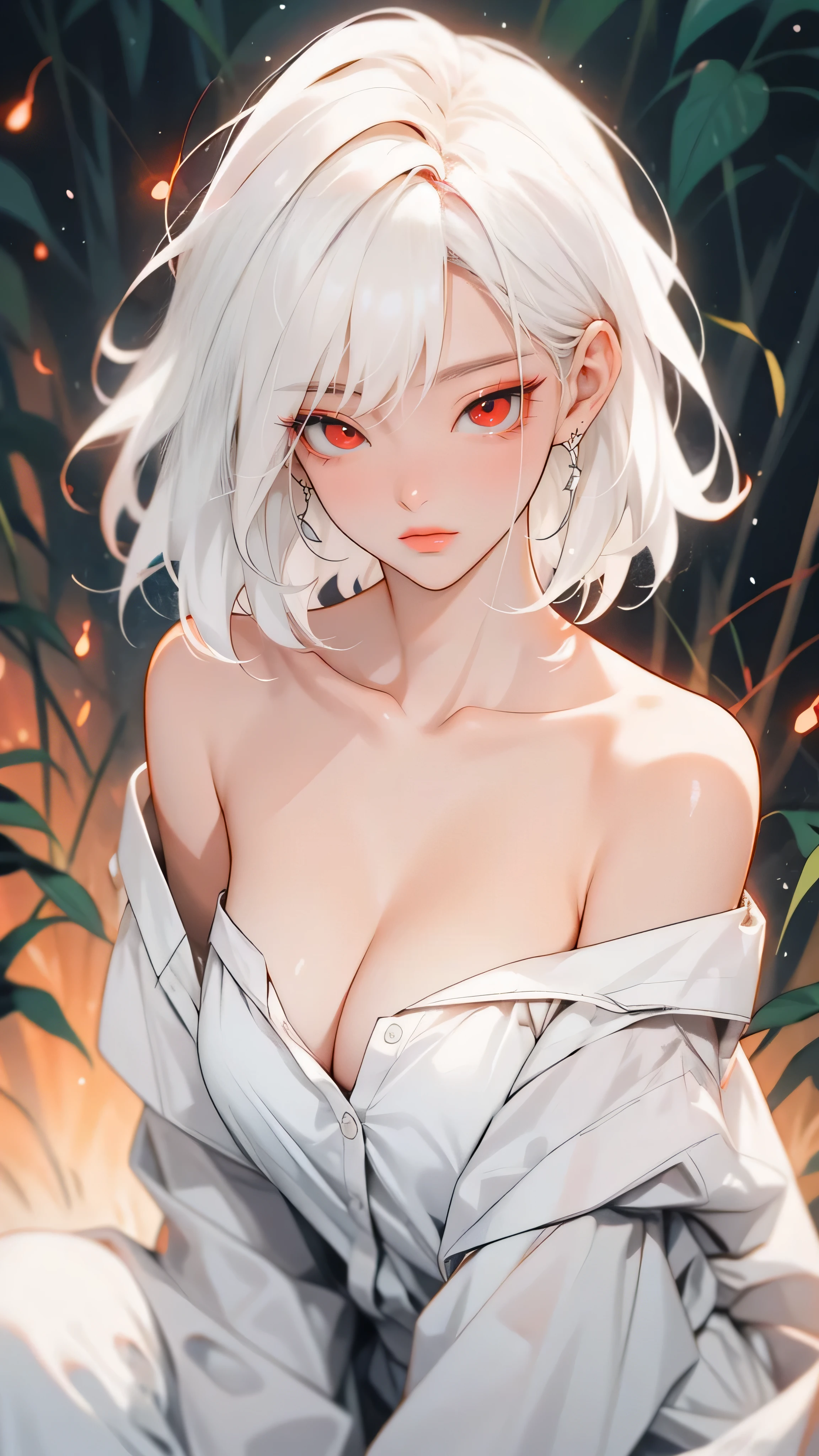(1girl:1.5), white hair, red eyes, (collarbone:1.4), A man made of fireflies, Surrounded by fireflies. medium breast