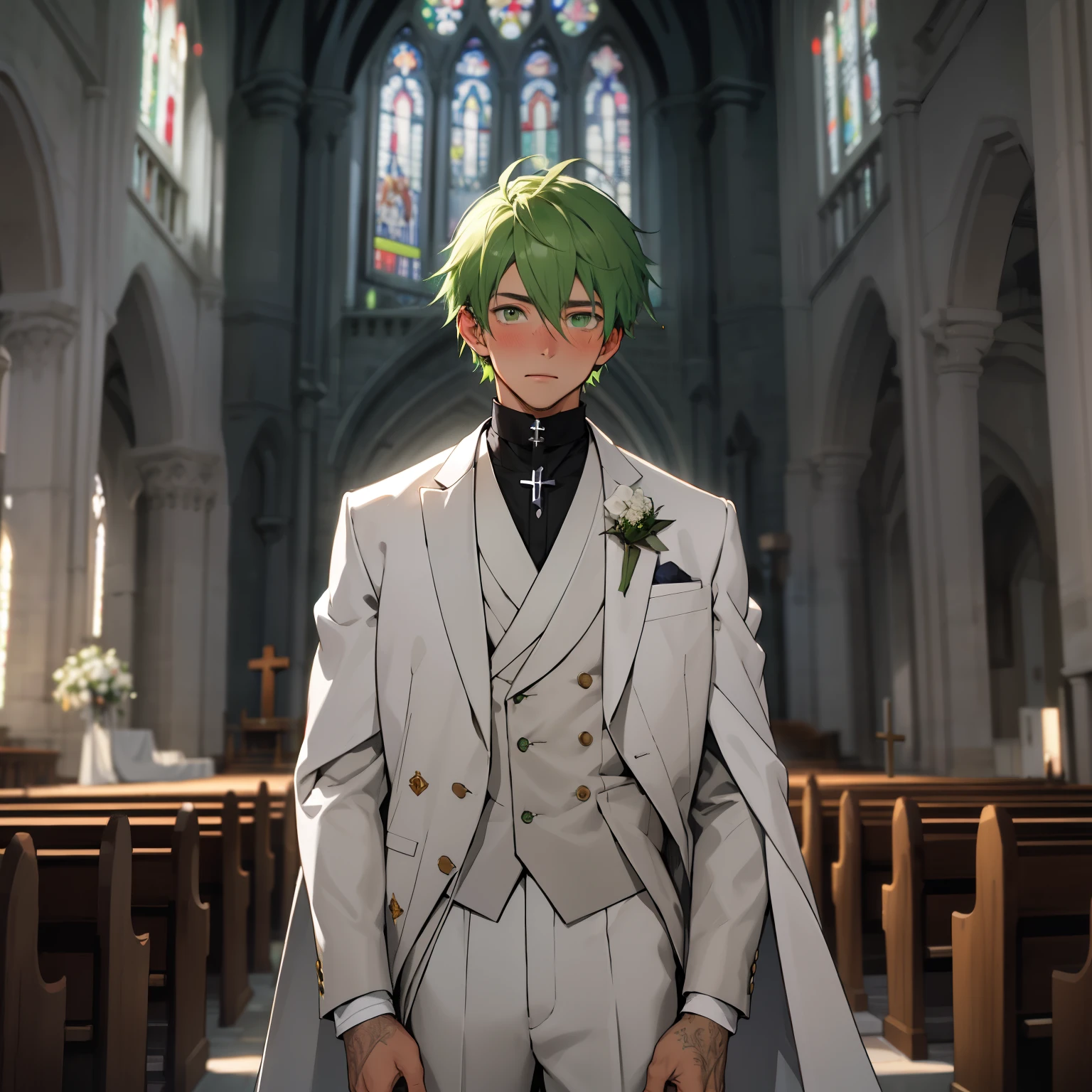 (masterpiece, best quality ), 1man, short green  hair, green eyes, intricate, (church) , half body, white aroyal wedding suit, vivid colors,(depth of field:1.2), blush, looking at viewer, standing in the altar, facing the front, visible pectorals