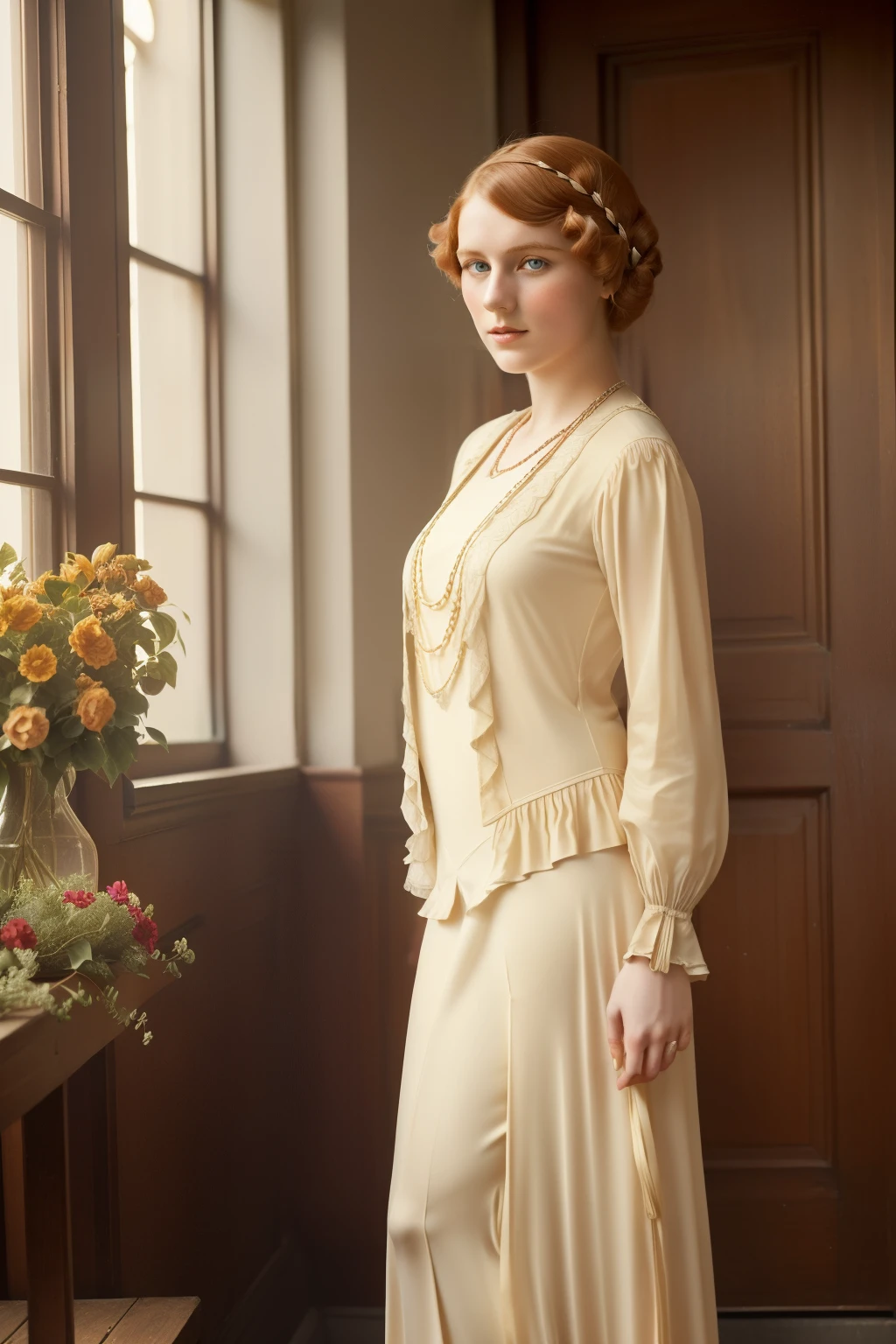 Tharsis, 1921. A young ((((25-year-old)) Kristina Lomholt)), dutch woman, elegant, in the victorian front porch, ((((clothings from the 1920s)))), ((ginger hairstyle of the 1920s)), colorful