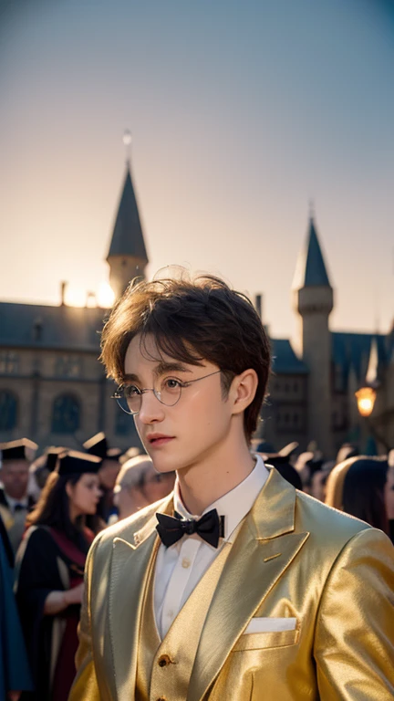 Blue-skinned Harry Potter, muscular body, naked upper body, satin golden ornaments, satin flashy costumes, Hogwarts in background, golden king, Harry Potter the emperor of gold, depicted in center, crowd in background, golden effects, golden magic, high quality, tied up