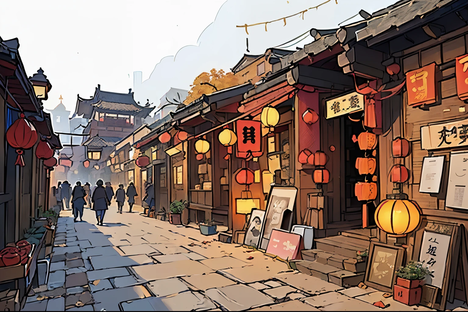 There is a street with many shops and people walking, chinese village, Beijing, old asian village, Old store, Baotou China, Dreamy Chinatown, The ancient city streets behind her, golden hour in Beijing, Photo of city streets, quaint village, in a narrow chinese alley, old village, Old Town, village, Many shops