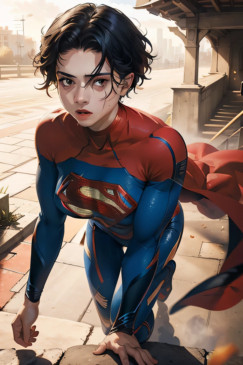 (masterpiece:1.3), (8k, Realistic, RAW Photos, highest quality: 1.4), Absurd, Charm, Ultra-high resolution, Ultra-realistic, Very detailed, Golden Ratio, (Realistic), (Best Shadow), Low contrast, (Complex:1.4), Side lighting, 8K, Beautiful Face, (Realistic Face), Beautiful hairstyle, Realistic eyes, Beautiful fine details, (Realistic Skin), Beautiful Skin, (One girl), ((Sasha Calle)), ((SUPER GIRL)), (Accurate hand and finger depiction), Supergirl Women, ((Red cloak)), (Black Hair, Handsome Short:1.3), (Large Breasts), glamorous, (A ripped and tattered suit), (A look of shame:1.0), ((Red Eyes)), (Flushed), Sweat, (Earth from Space), full body, 