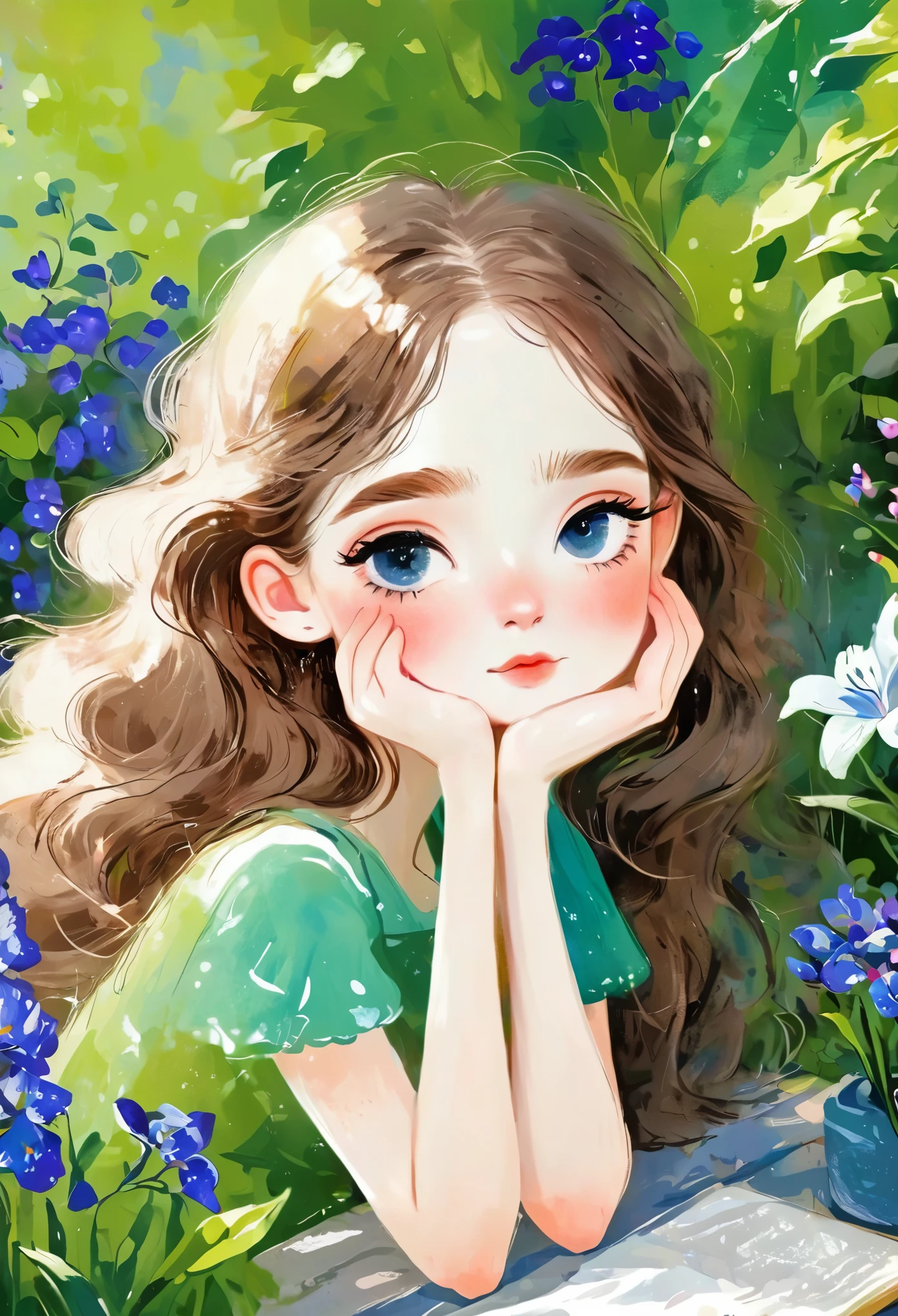 Rough texture，Hand-drawn style：1 Girl，beautiful eyes，In the garden in front of her house，Sitting, Art in an art station, Beautiful art style, 