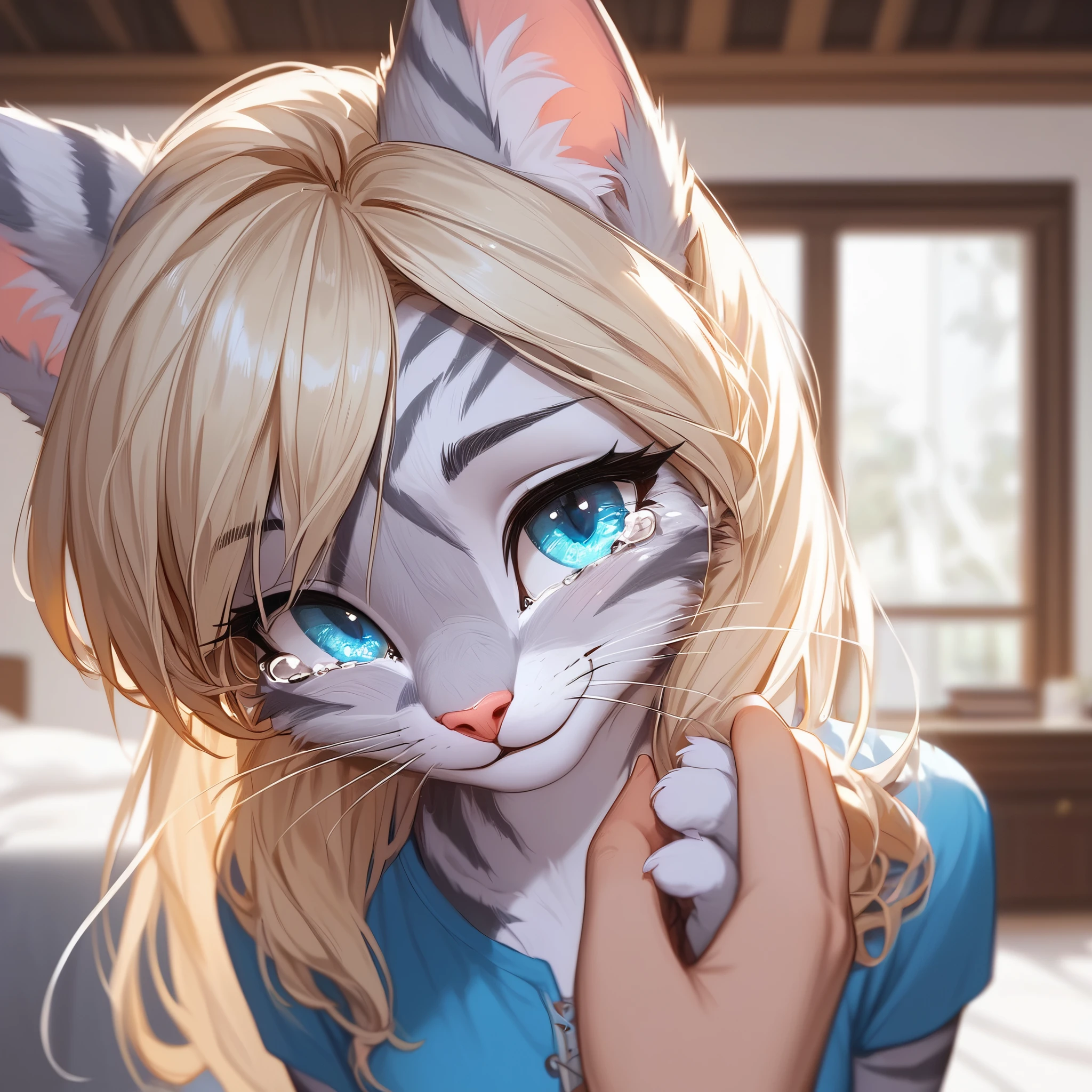 check_9,check_8_up,check_7_up, source_fluffy, Catboat, Anthro fluffy feline girl, Adult woman, Blue eyes, blonde hair, silver fur, gray stripes, pink nose, :3, naked, on her back, gasped, close up, portrait