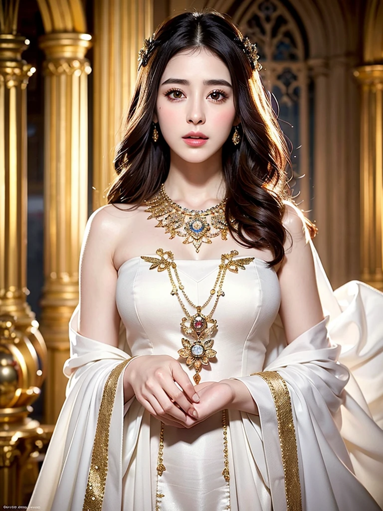 Top Quality, Ultra High Resolution, (Photorealistic: 1.4), Cinema Light, Depth of Field, Beautiful Face, (PureErosFace_V1:0.8), |1 Girl, Fan Bing, Woman in White Dress and Gold Jewelry, Fan Bing Fashion, Colossal, White Cloak, Intricate Design, Cathedral Background, Extra Long Wavy Brown Hair, RAW, Beautiful Women, ((detailed face)), ((detailed facial features)), (fine detailed skin), pale skin, (masterpiece), (perfect proportions), (realistic photos),