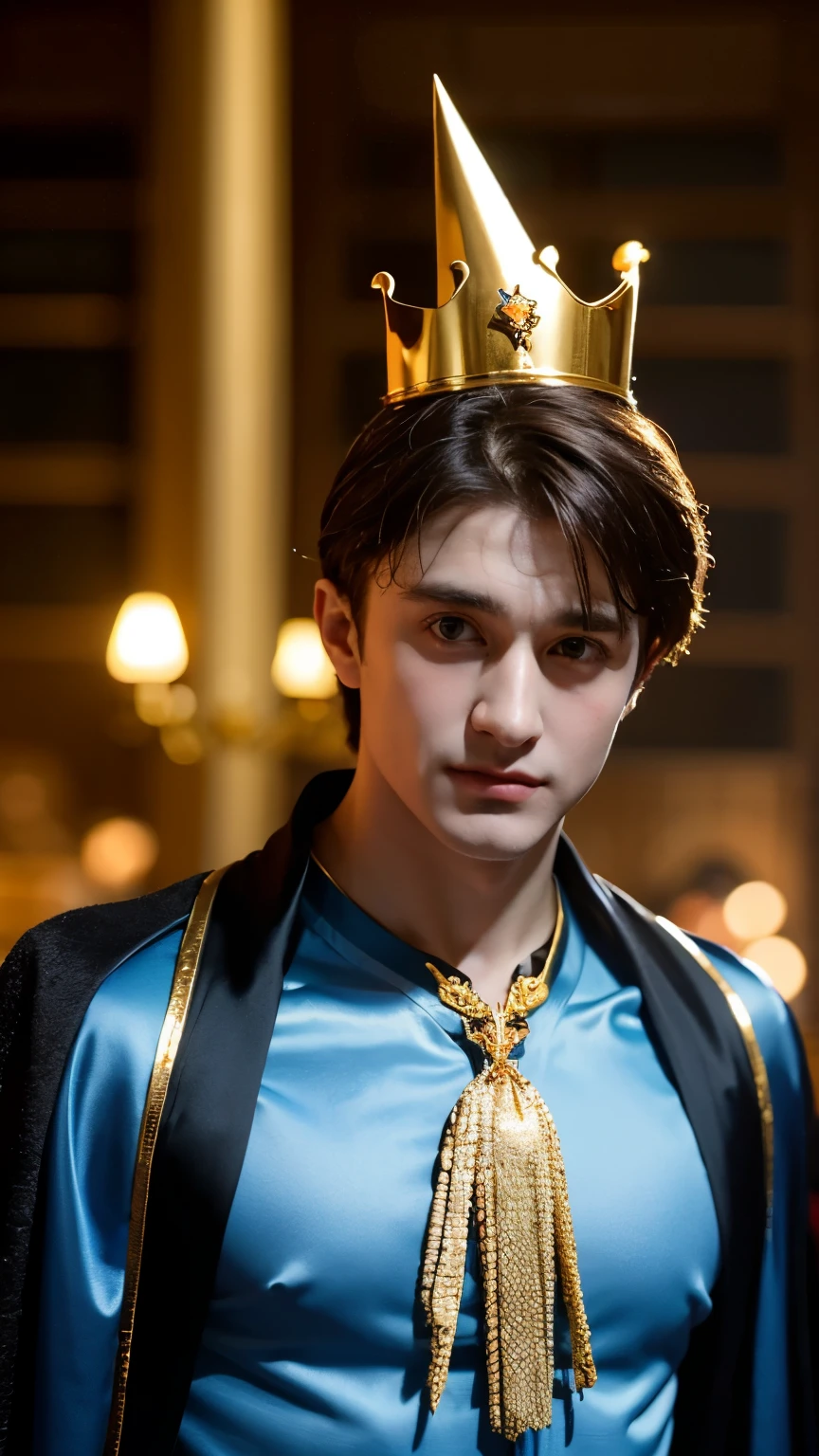 Blue-skinned Harry Potter, muscular body, naked upper body, satin golden ornaments, satin flashy costumes, Hogwarts in background, golden king, Harry Potter the emperor of gold, depicted in center, crowd in background, golden effects, golden magic, high quality, tied up